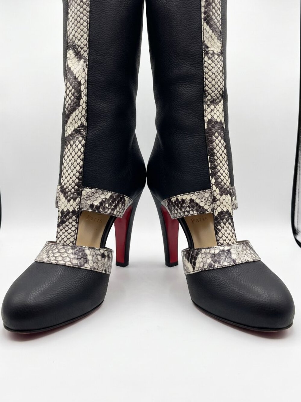 Christian Louboutin Knee High Platform Boots Python Trim Red Bottom Heels Size 7 - Picture 2 of 4